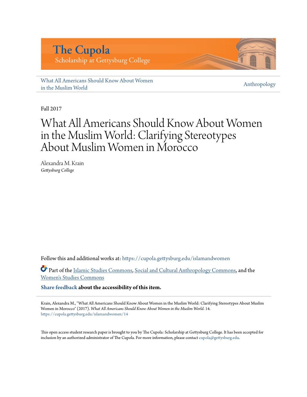 What All Americans Should Know About Women in the Muslim World: Clarifying Stereotypes About Muslim Women in Morocco Alexandra M