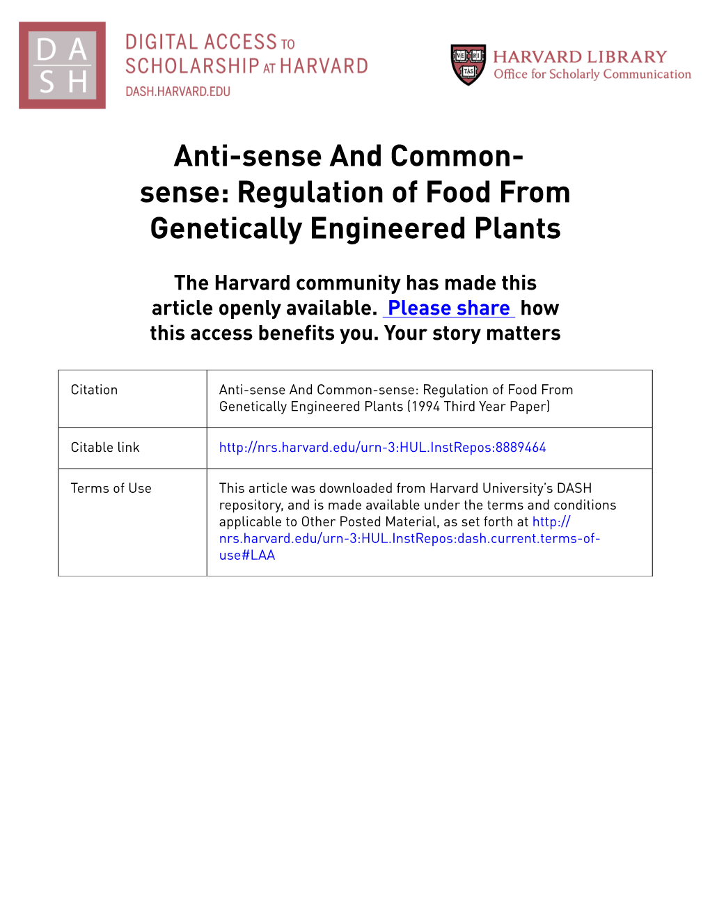 Sense: Regulation of Food from Genetically Engineered Plants