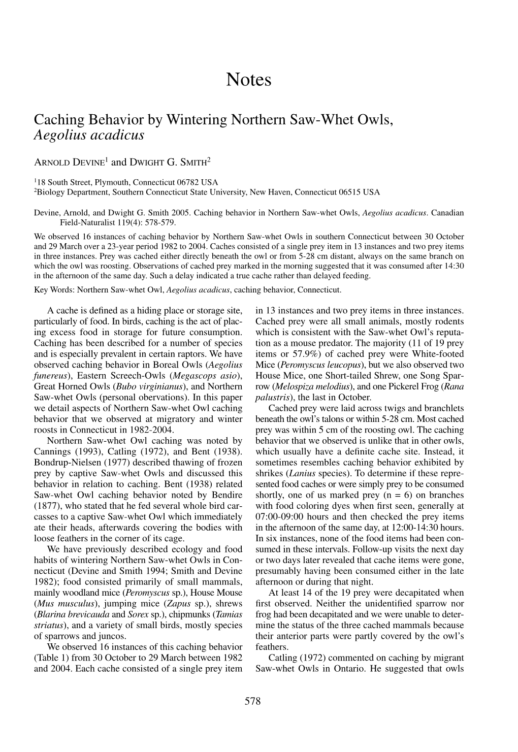 Caching Behavior by Wintering Northern Saw-Whet Owls, Aegolius Acadicus