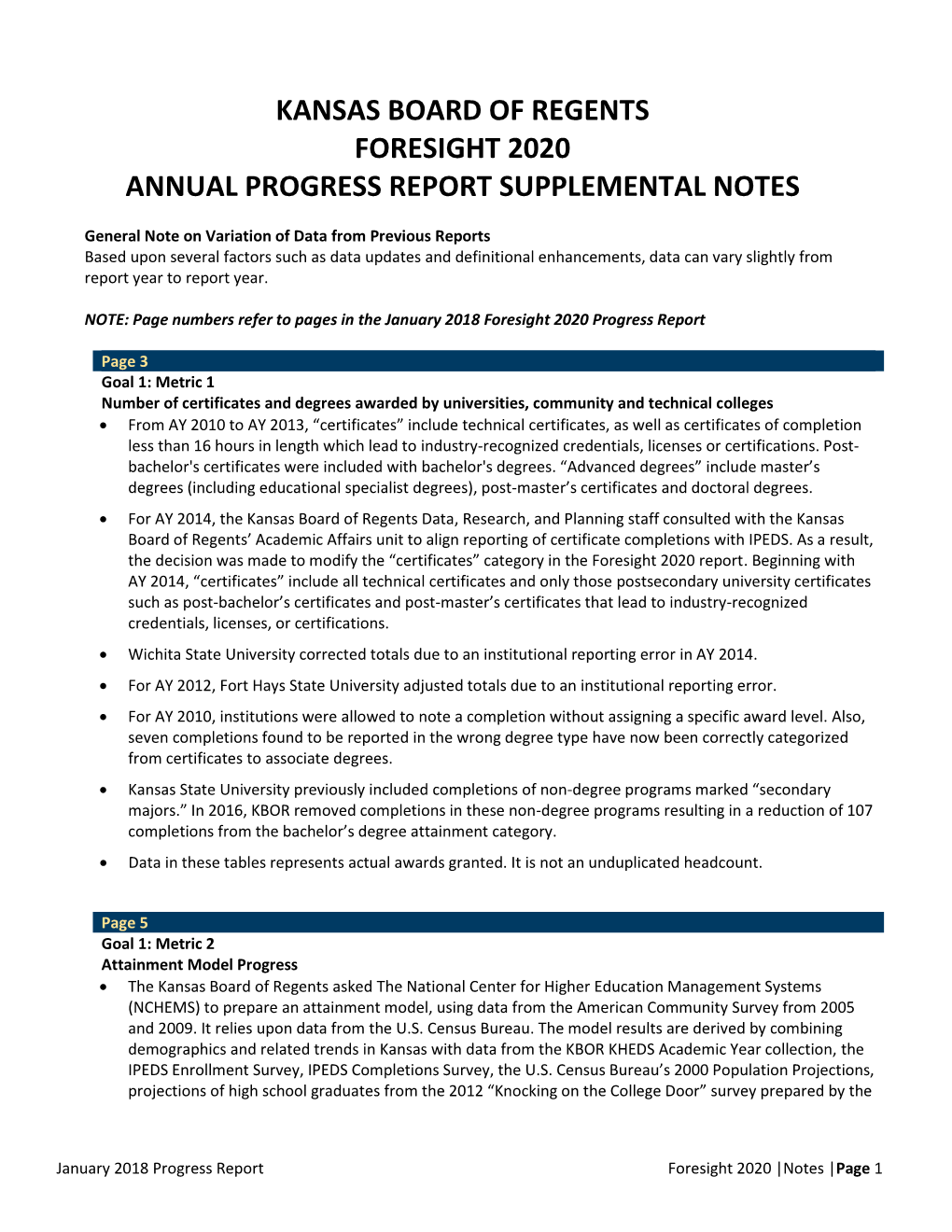 Kansas Board of Regents Foresight 2020 Annual Progress Report Supplemental Notes