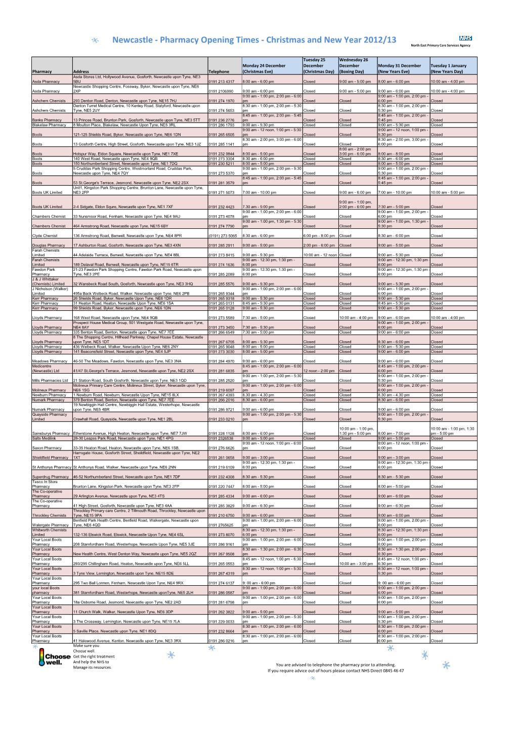 Newcastle - Pharmacy Opening Times - Christmas and New Year 2012/13 North East Primary Care Services Agency