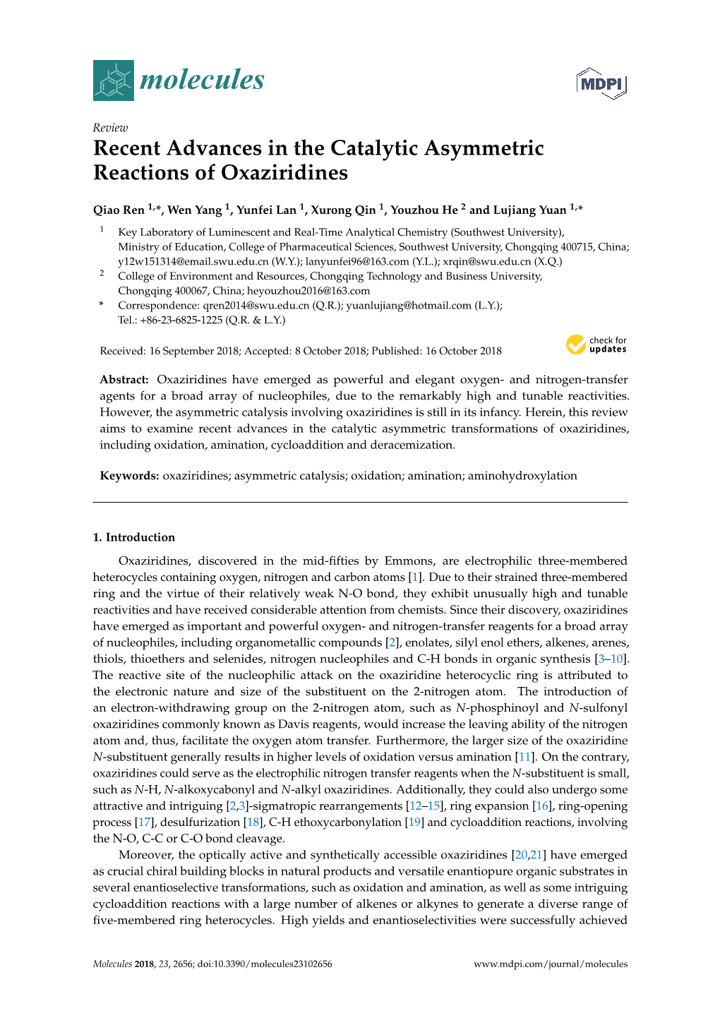 Recent Advances in the Catalytic Asymmetric Reactions of Oxaziridines