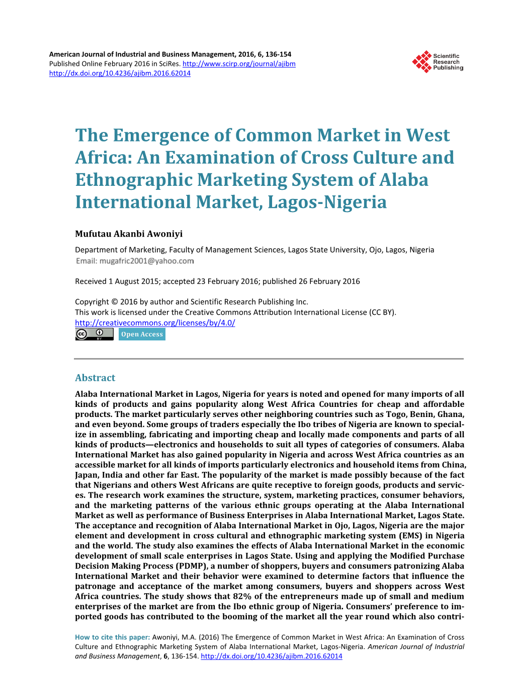 An Examination of Cross Culture and Ethnographic Marketing System of Alaba International Market, Lagos-Nigeria