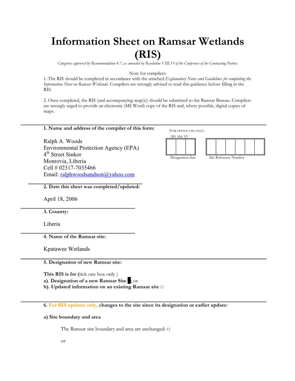 RIS) Categories Approved by Recommendation 4.7, As Amended by Resolution VIII.13 of the Conference of the Contracting Parties