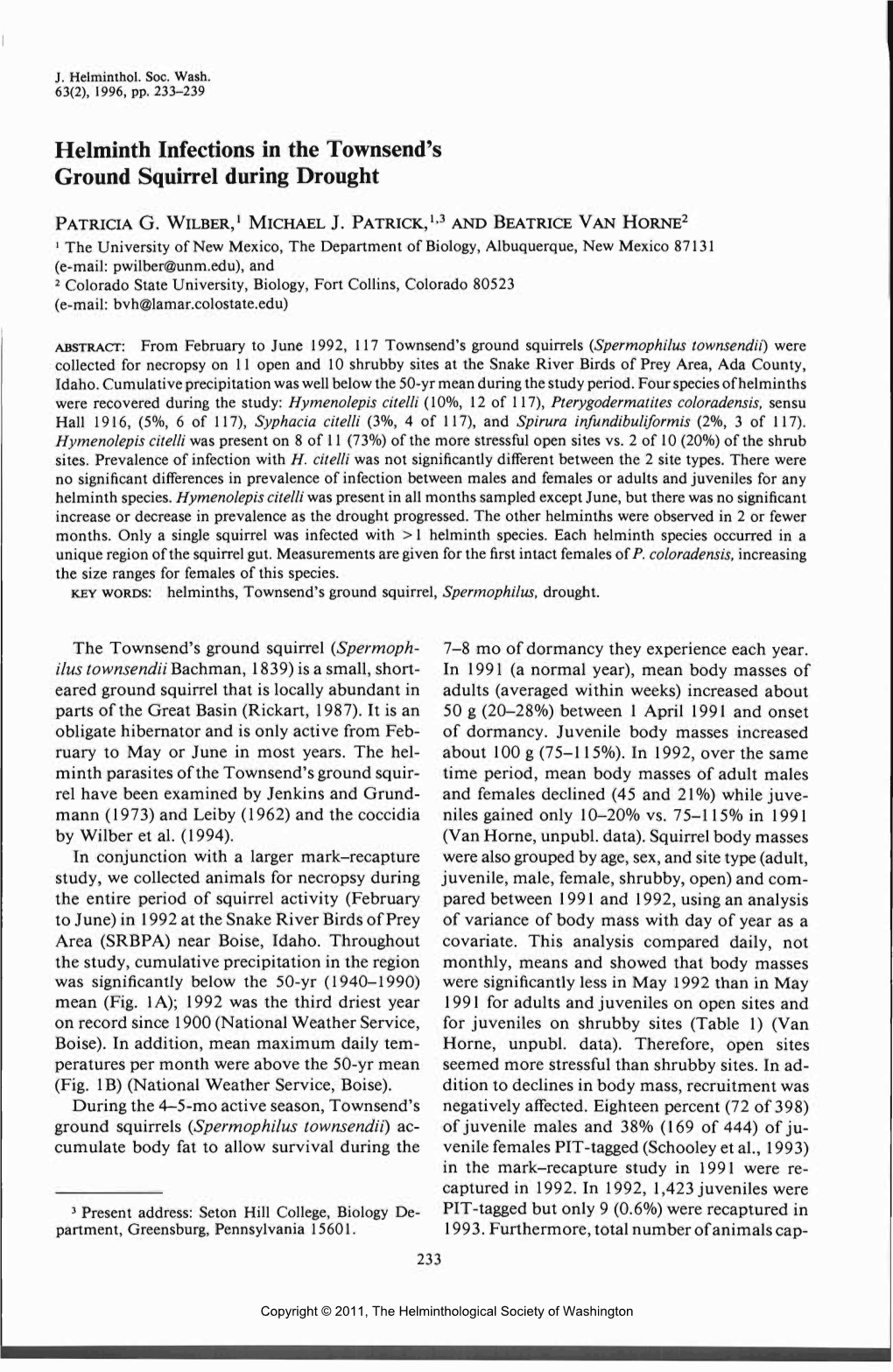 Helminth Infections in the Townsend's Ground Squirrel During Drought