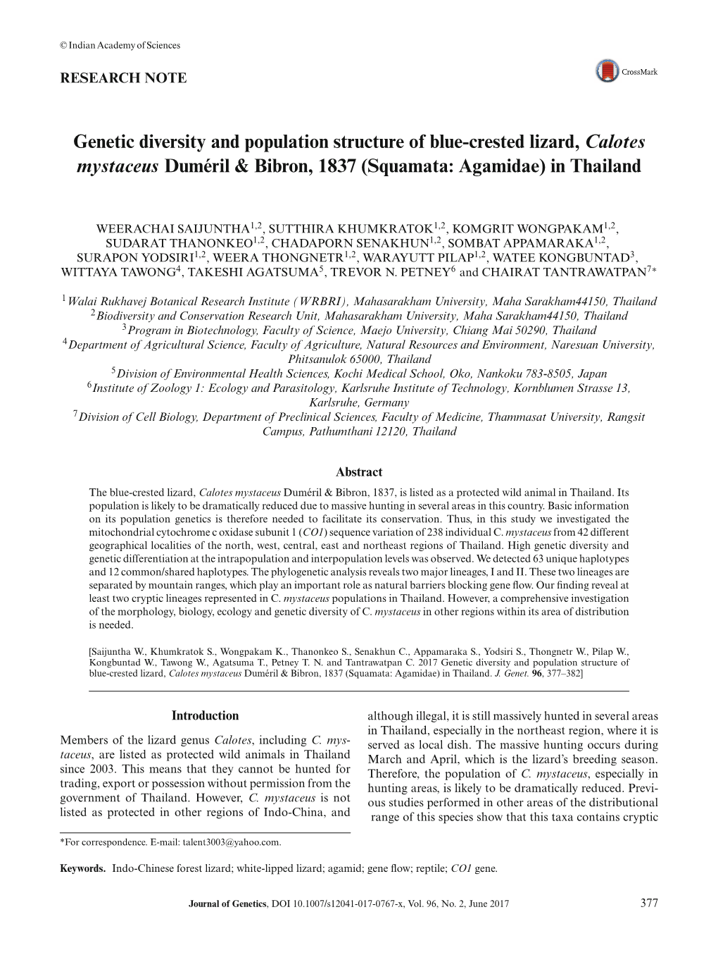 Genetic Diversity and Population Structure of Blue-Crested Lizard, Calotes Mystaceus Duméril & Bibron, 1837 (Squamata: Agamidae) in Thailand