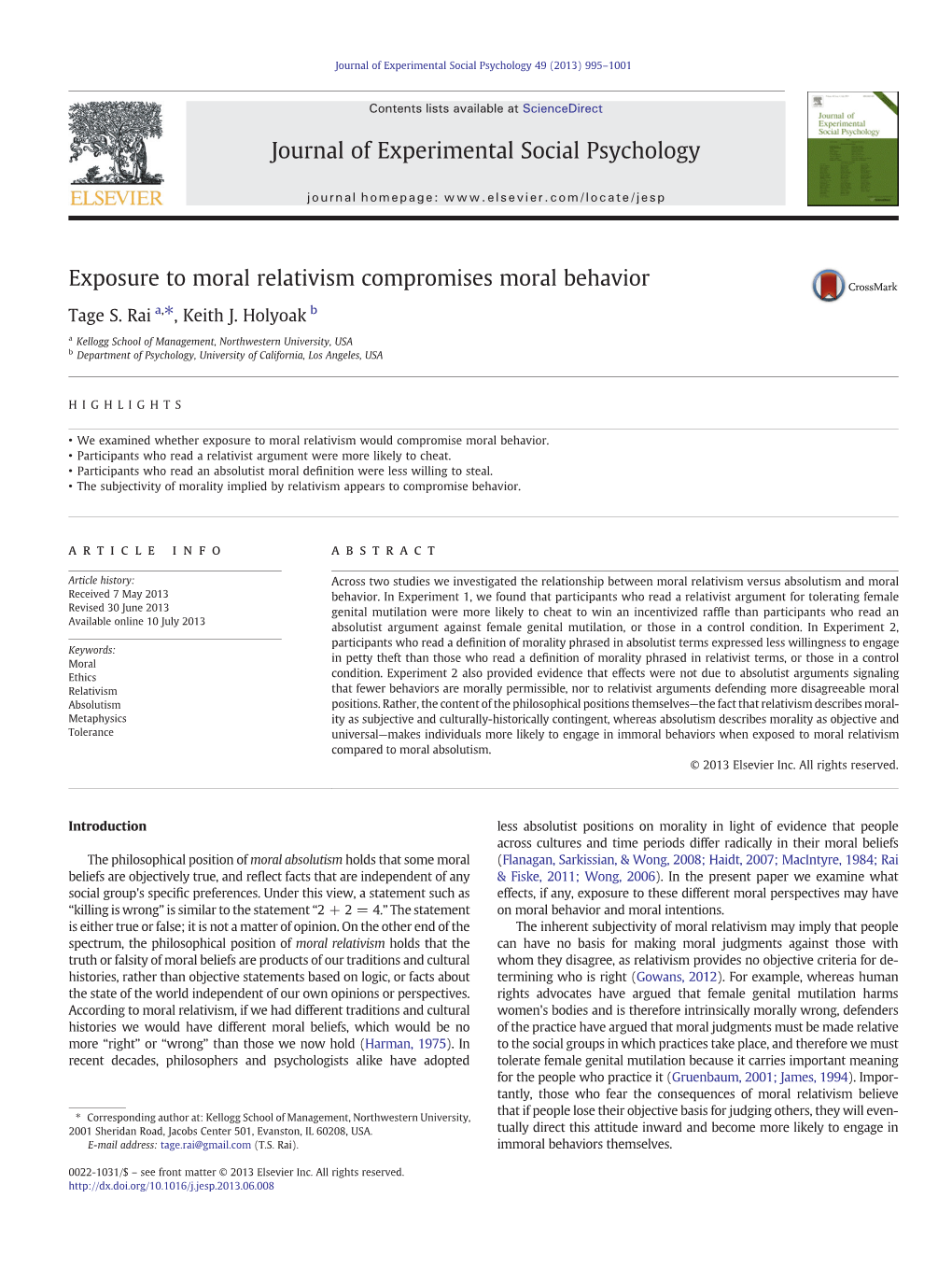 Exposure to Moral Relativism Compromises Moral Behavior