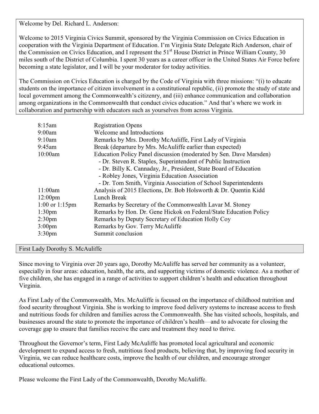 2015 Virginia Civics Summit, Sponsored by the Virginia Commission on Civics Education in Cooperation with the Virginia Department of Education