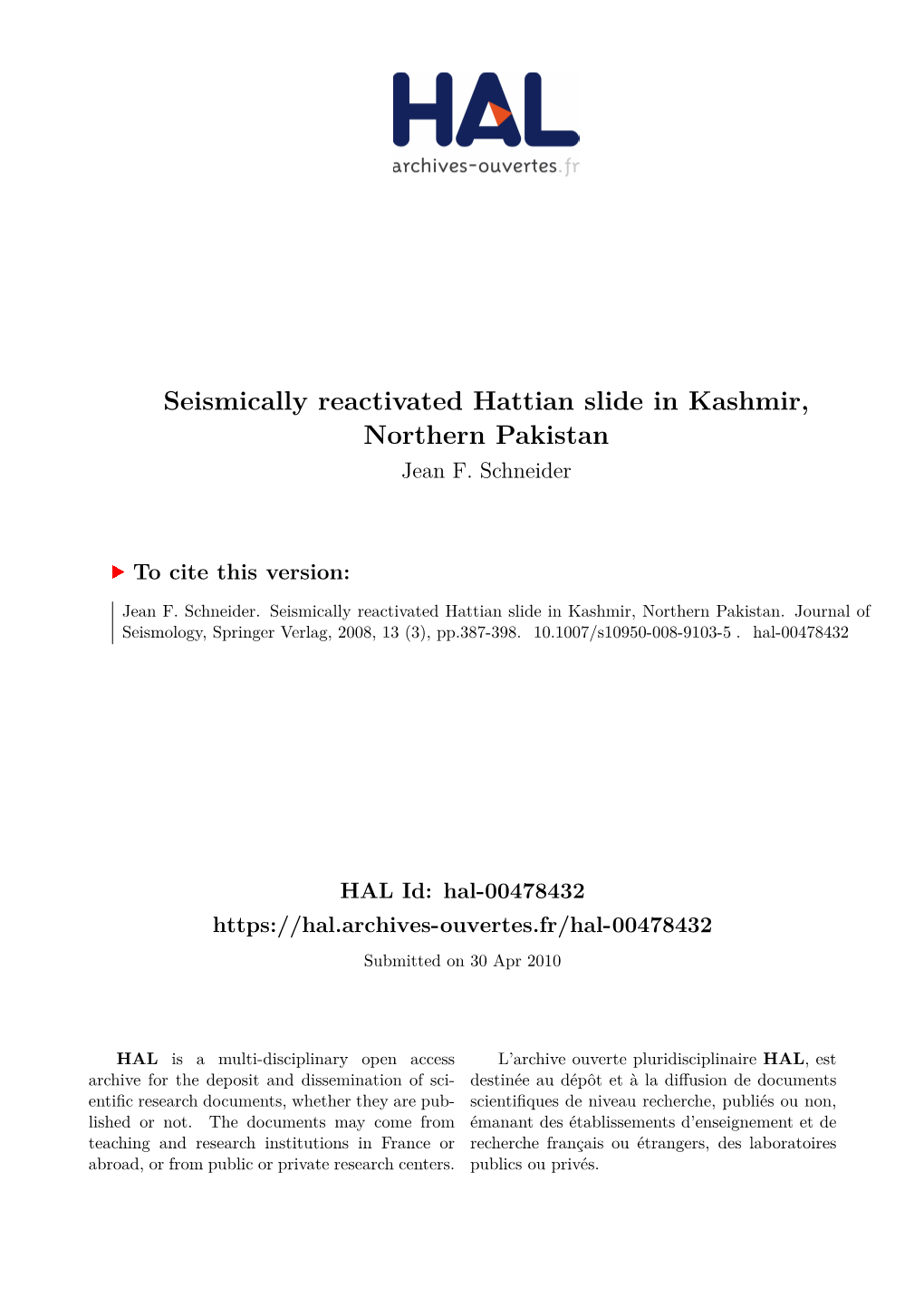 Seismically Reactivated Hattian Slide in Kashmir, Northern Pakistan Jean F
