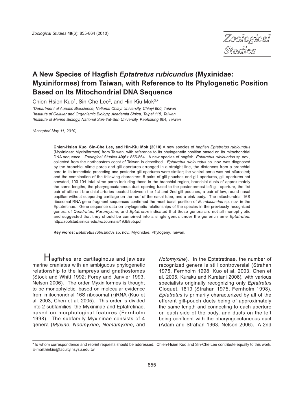 A New Species of Hagfish Eptatretus Rubicundus (Myxinidae: Myxiniformes)