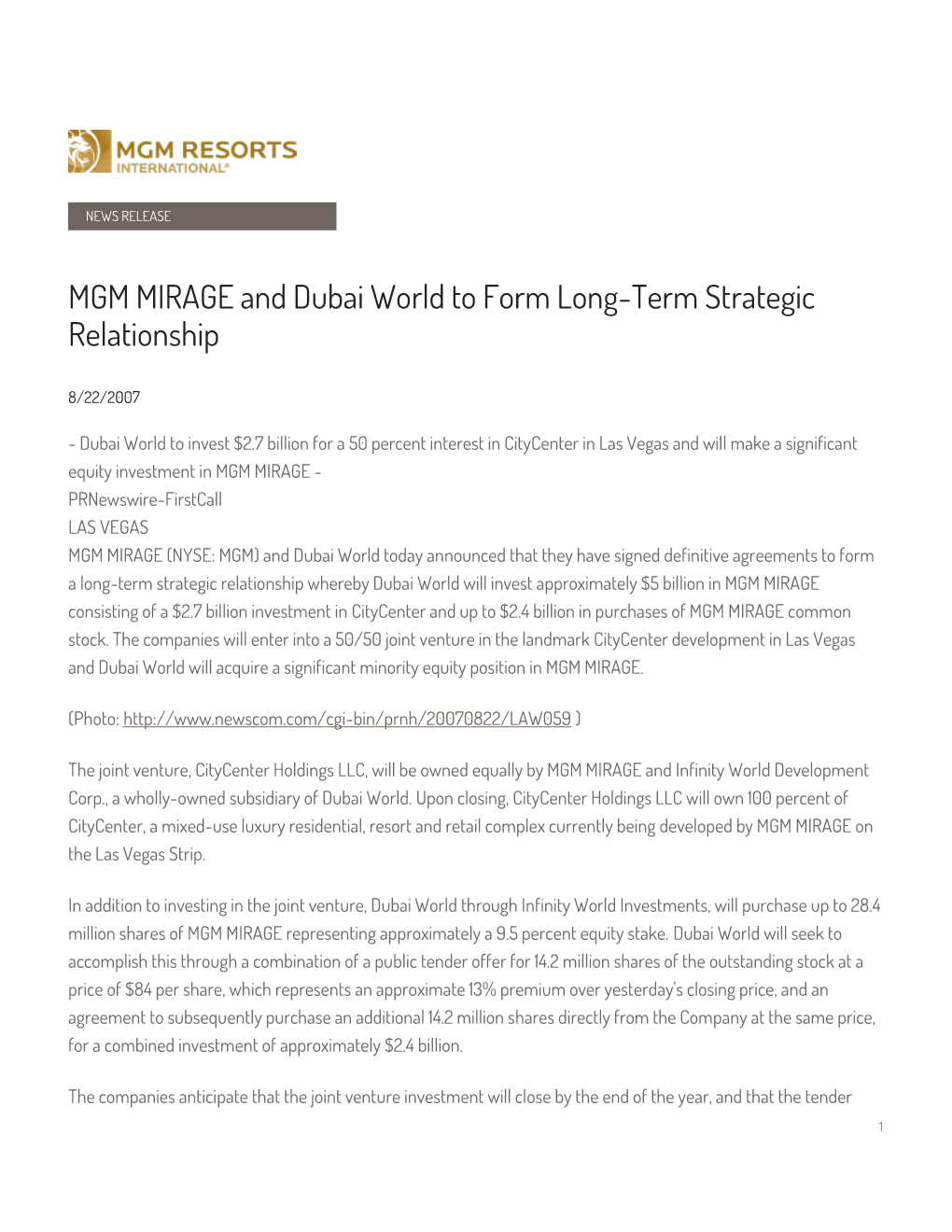 MGM MIRAGE and Dubai World to Form Long-Term Strategic Relationship