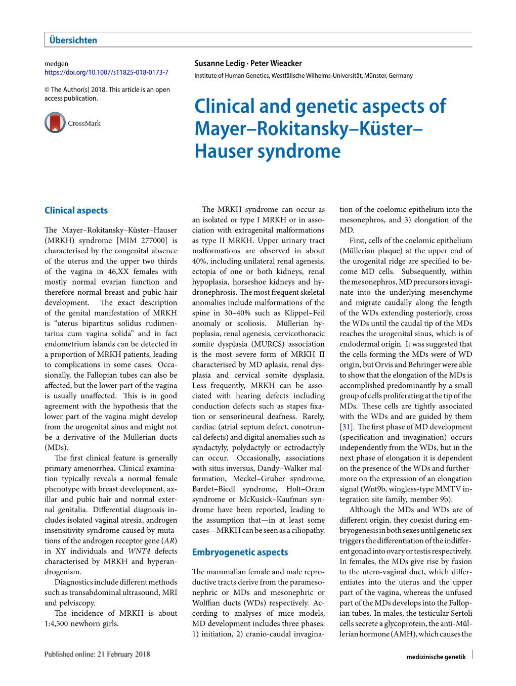 Clinical and Genetic Aspects of Mayer–Rokitansky–Küster– Hauser Syndrome