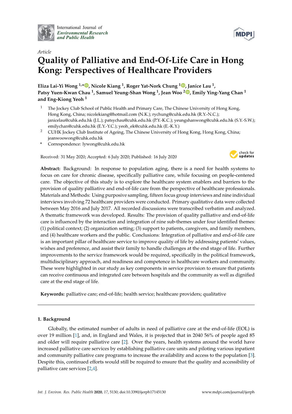 Quality of Palliative and End-Of-Life Care in Hong Kong: Perspectives of Healthcare Providers