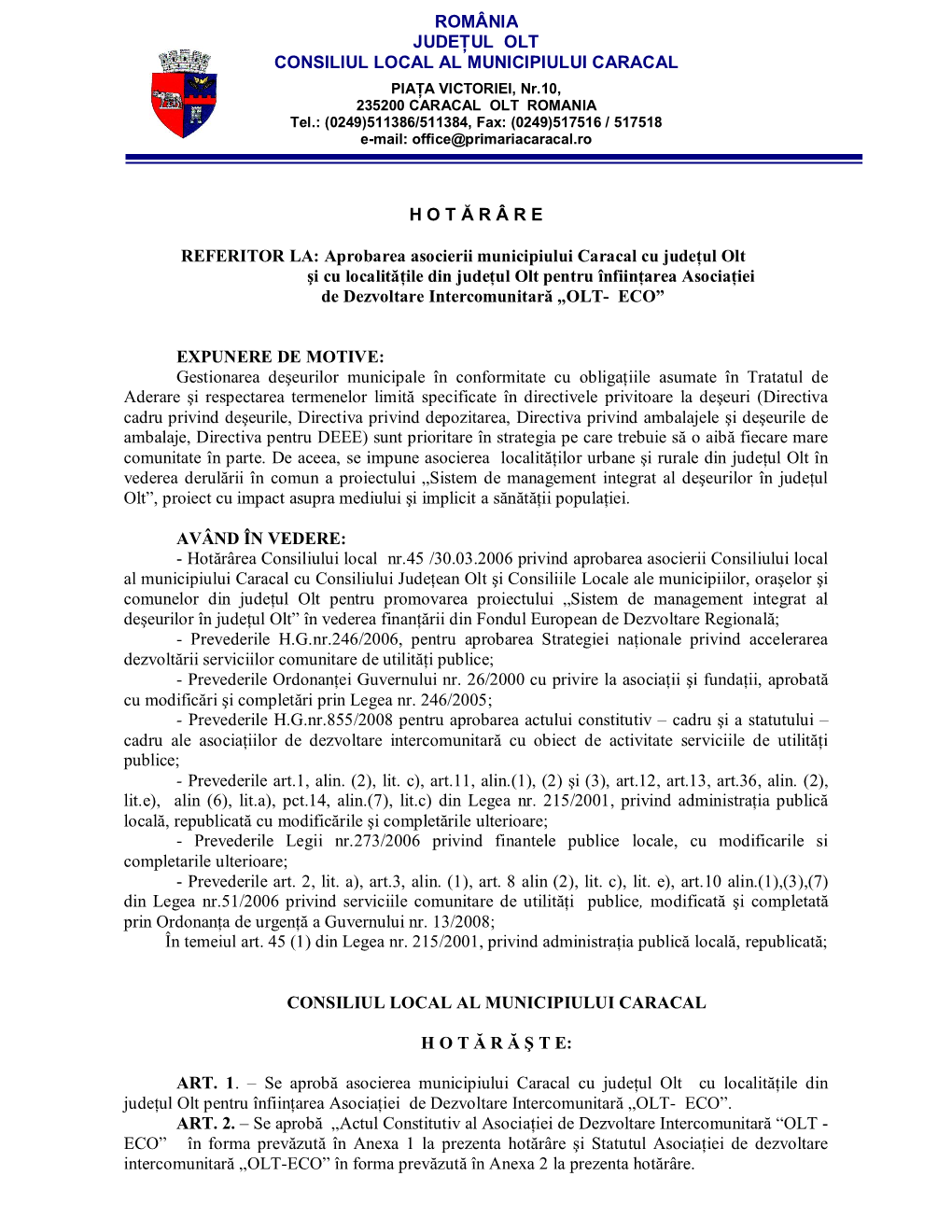 România Judeţul Olt Consiliul Local Al Municipiului Caracal