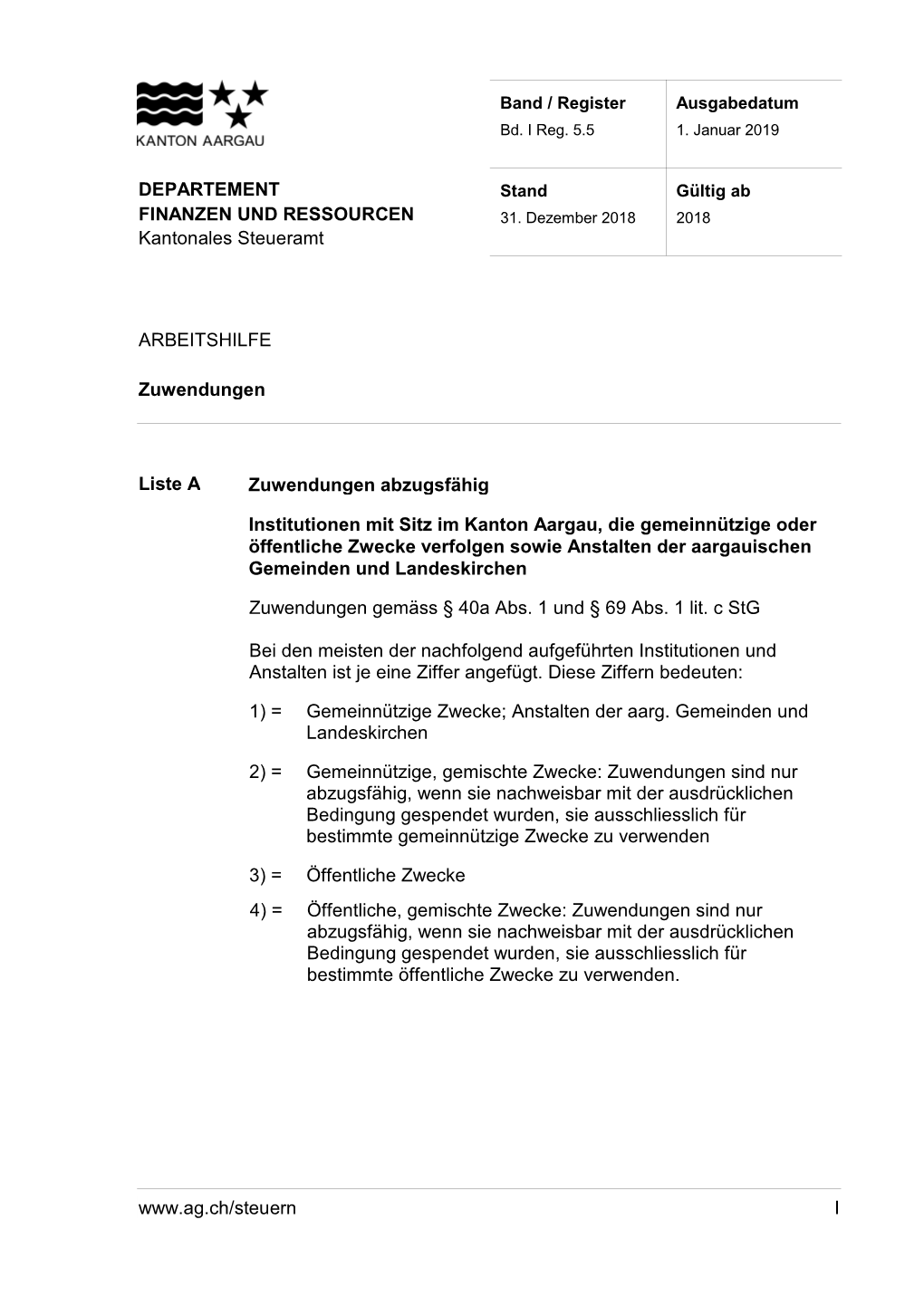 FINANZEN UND RESSOURCEN Kantonales Steueramt DEPARTEMENT ARBEITSHILFE Zuwendungen Liste a Zuwendungen Abzugsfähig Institutionen