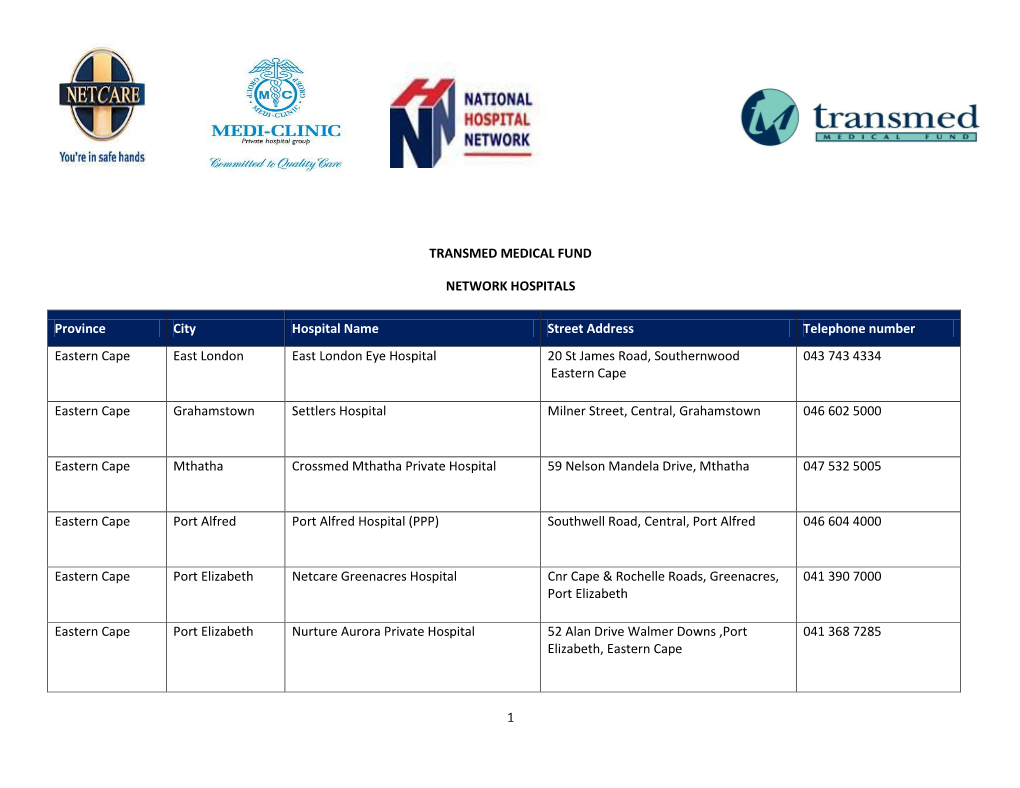 1 TRANSMED MEDICAL FUND NETWORK HOSPITALS Province