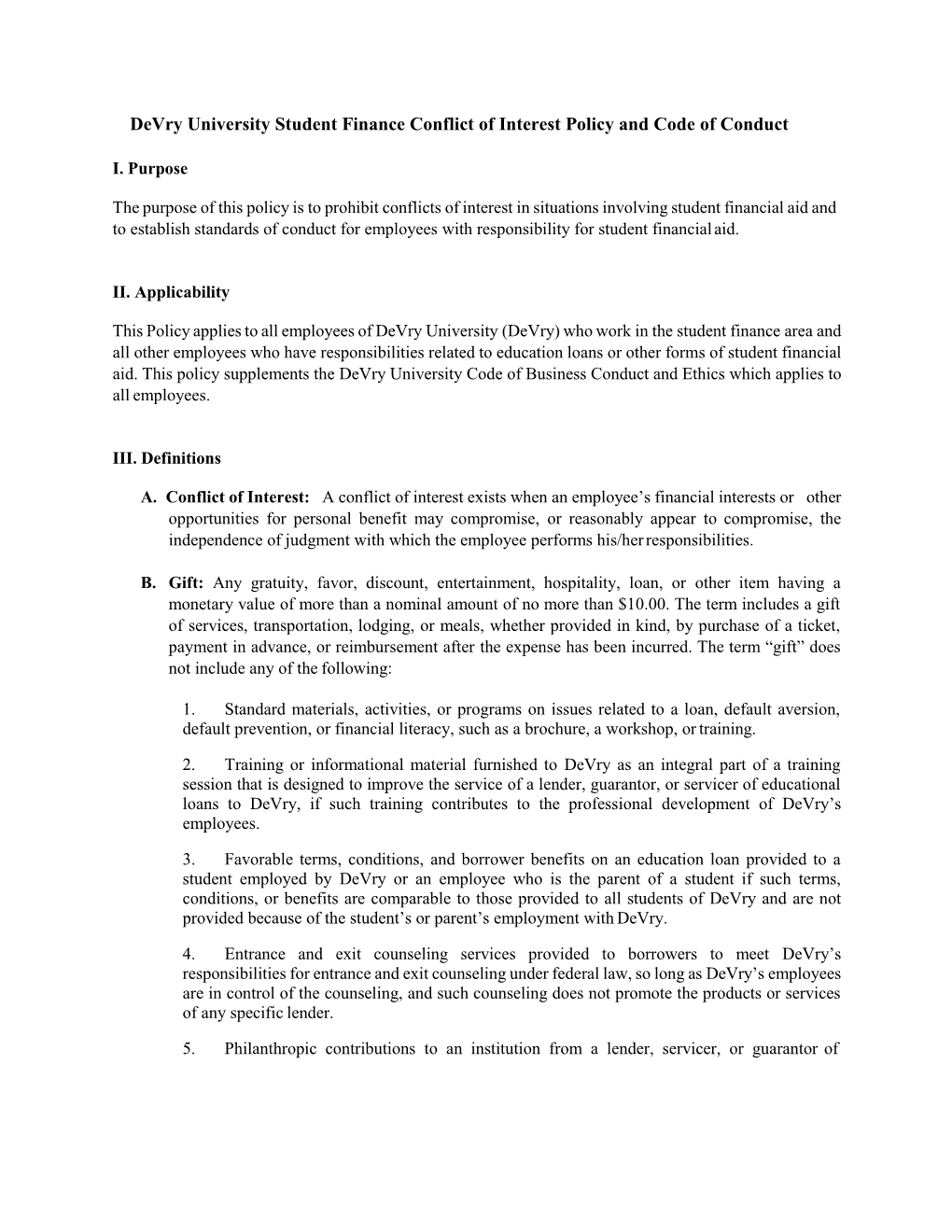 Student Finance Conflict of Interest Policy and Code of Conduct