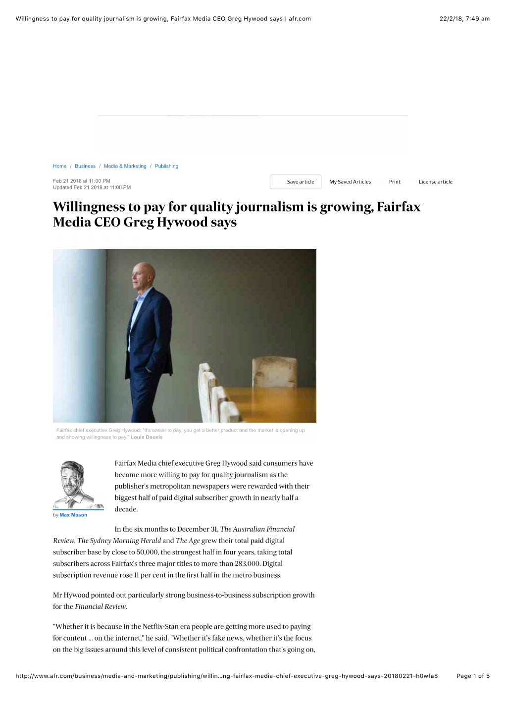 Willingness to Pay for Quality Journalism Is Growing, Fairfax Media CEO Greg Hywood Says | Afr.Com 22/2/18, 7�49 Am