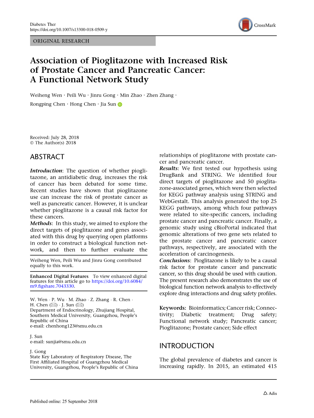 Association of Pioglitazone with Increased Risk of Prostate Cancer and Pancreatic Cancer: a Functional Network Study