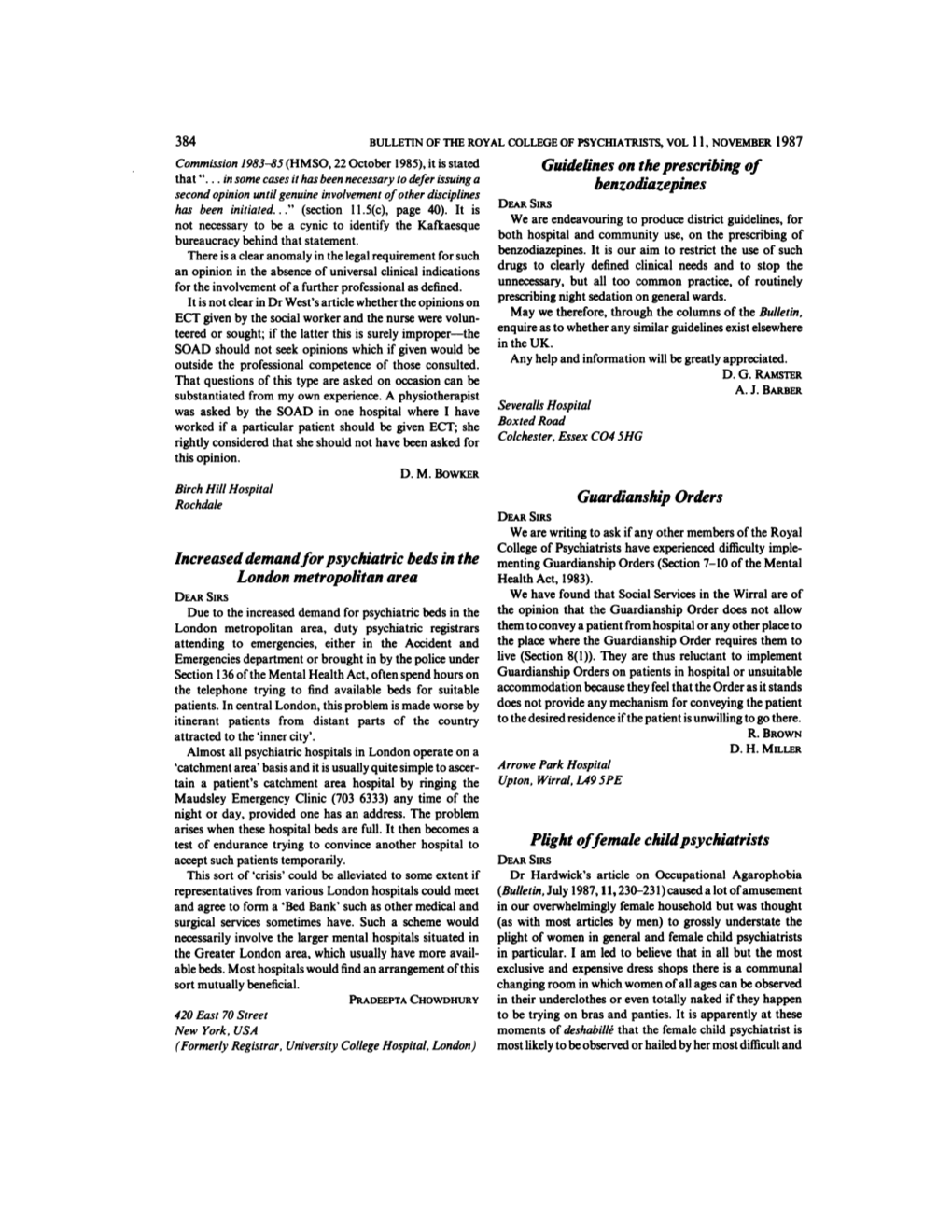 Increased Demand for Psychiatric Beds in the London Metropolitan Area Guidelines on Theprescribing of Benzodiazepines Guardiansh