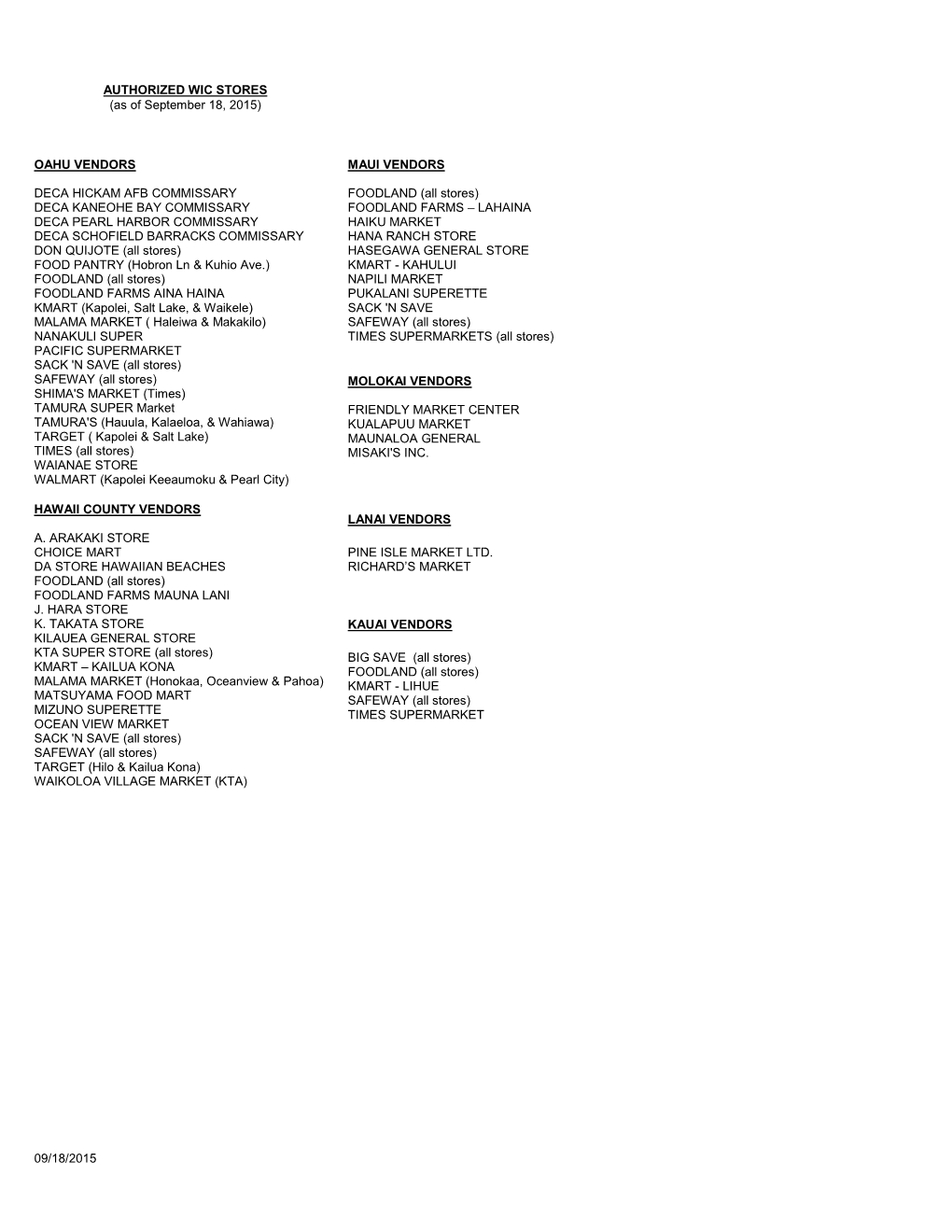 AUTHORIZED WIC STORES (As of September 18, 2015)