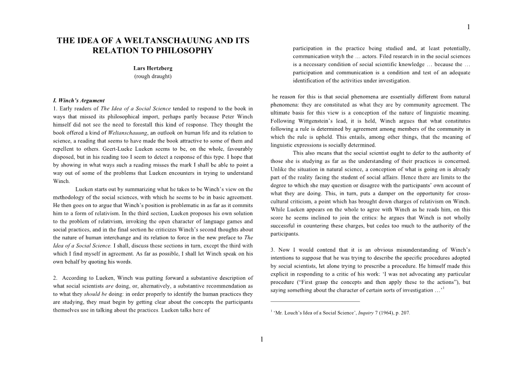 THE IDEA of a WELTANSCHAUUNG and ITS RELATION to PHILOSOPHY Participation in the Practice Being Studied And, at Least Potentially, Communication Wityh the … Actors