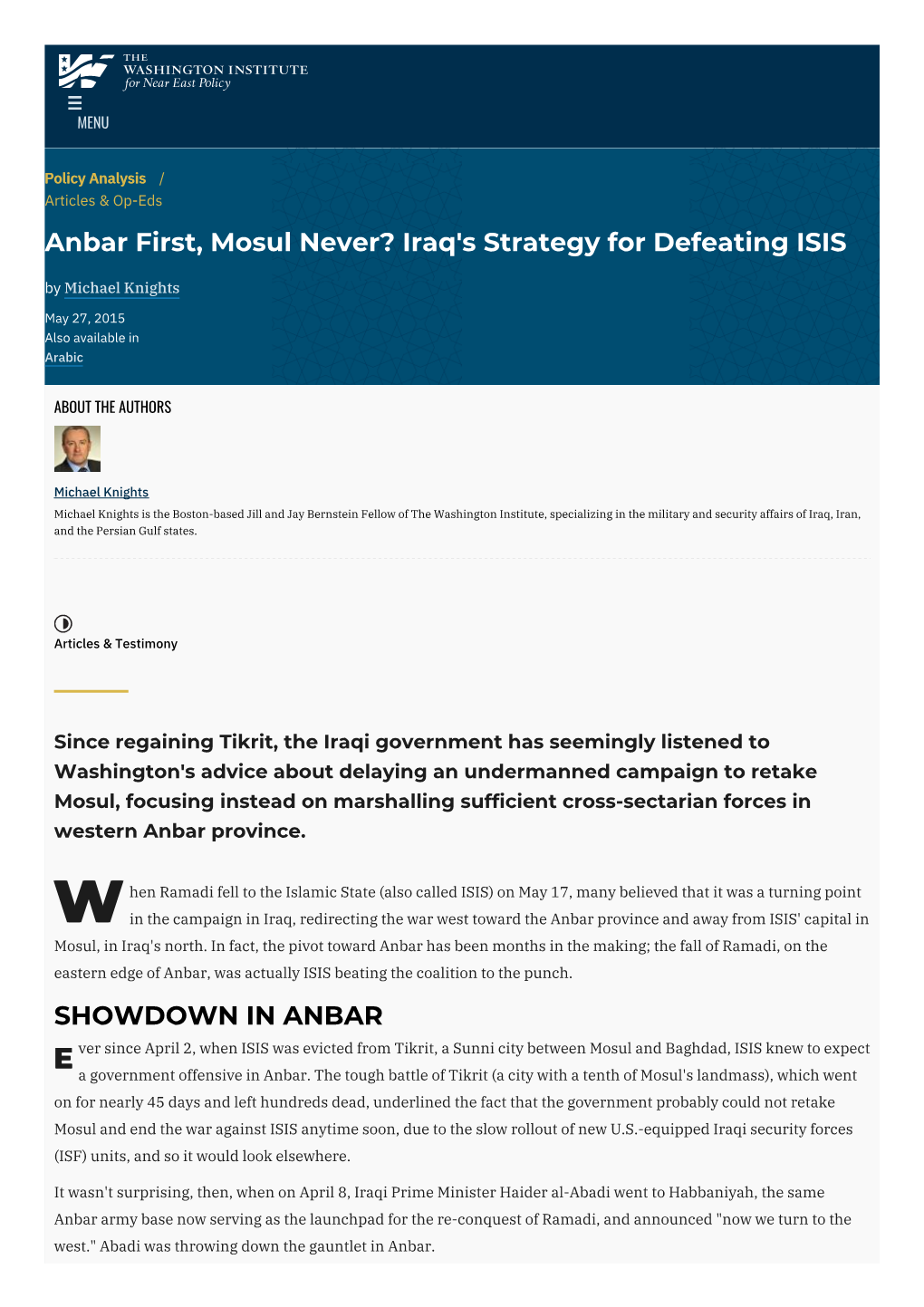 Anbar First, Mosul Never? Iraq's Strategy for Defeating ISIS by Michael Knights