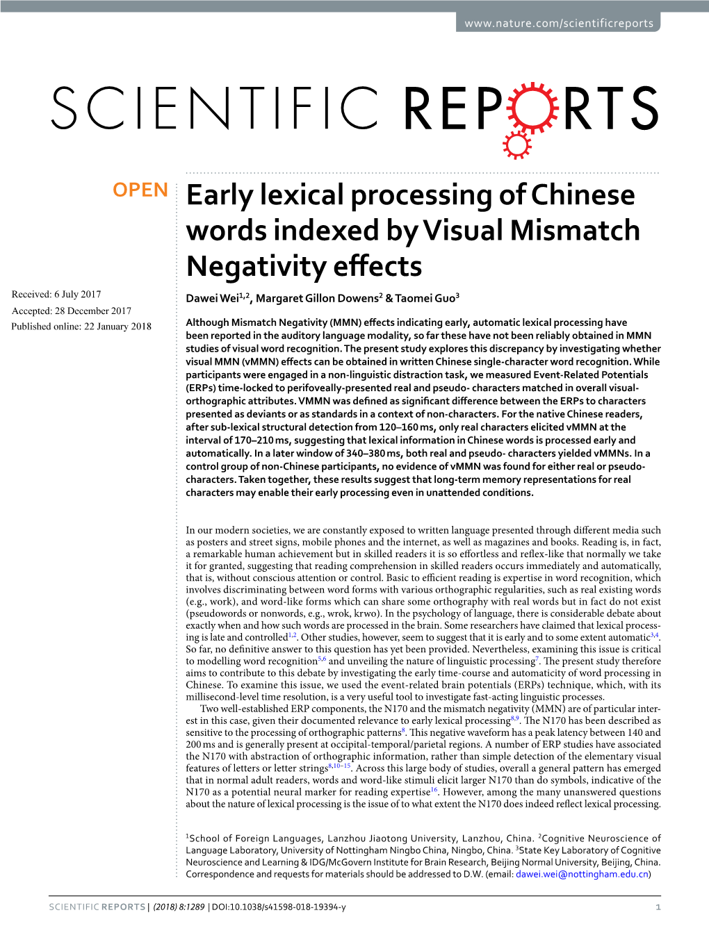 Early Lexical Processing of Chinese Words Indexed by Visual Mismatch