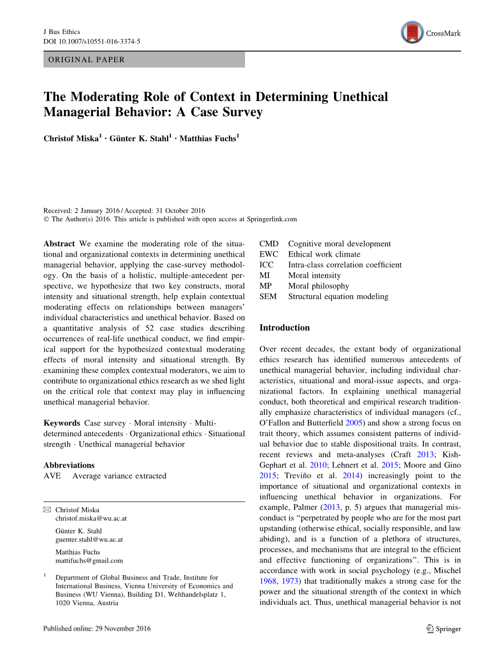 The Moderating Role of Context in Determining Unethical Managerial Behavior: a Case Survey