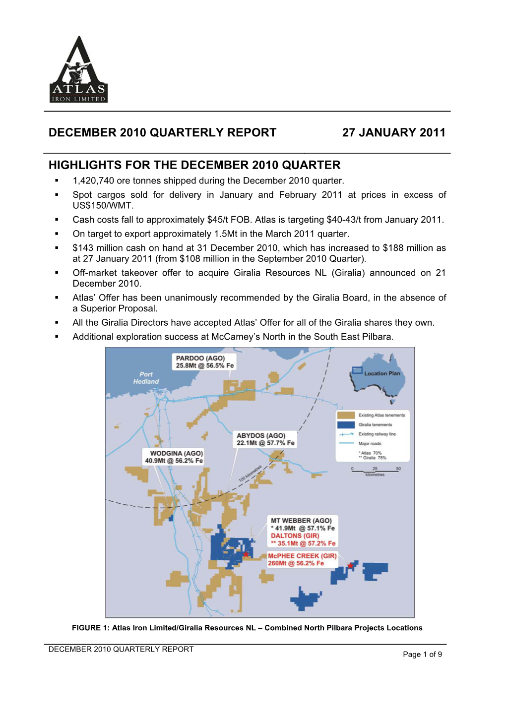 Atlas Iron Limited/Giralia Resources NL – Combined North Pilbara Projects Locations