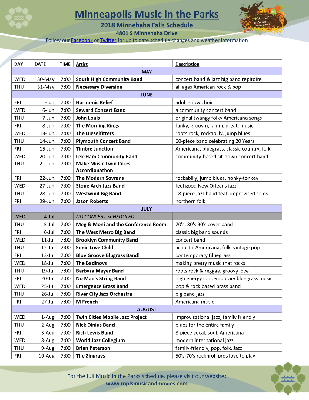 Minnehaha Falls Schedule 4801 S Minnehaha Drive Follow Our Facebook Or Twitter for up to Date Schedule Changes and Weather Information