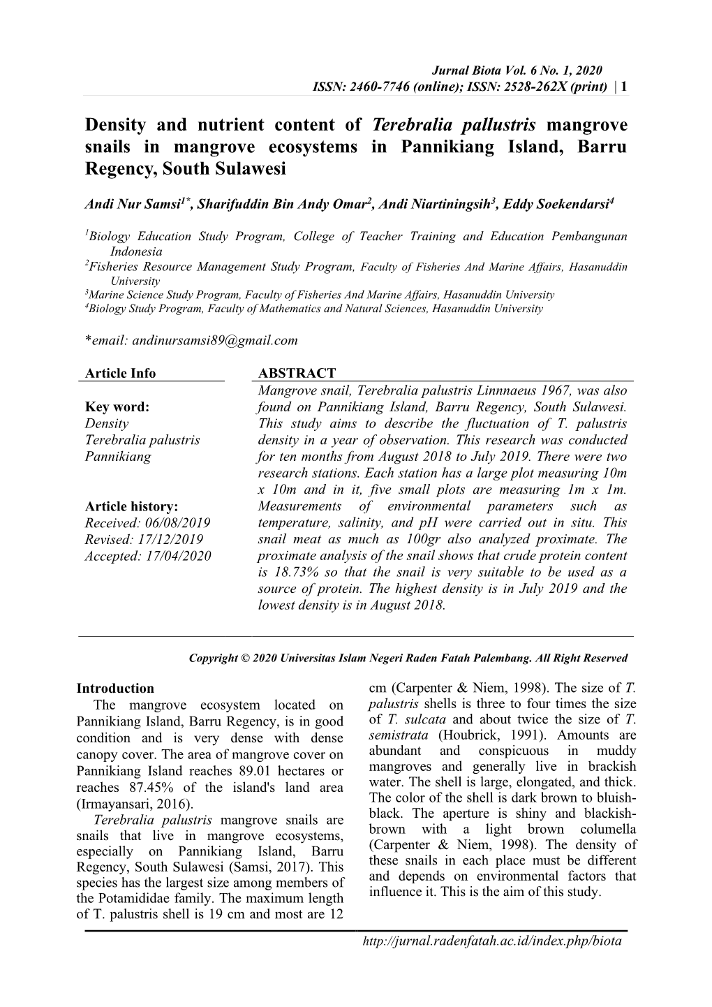 Density and Nutrient Content of Terebralia Pallustris Mangrove Snails in Mangrove Ecosystems in Pannikiang Island, Barru Regency, South Sulawesi