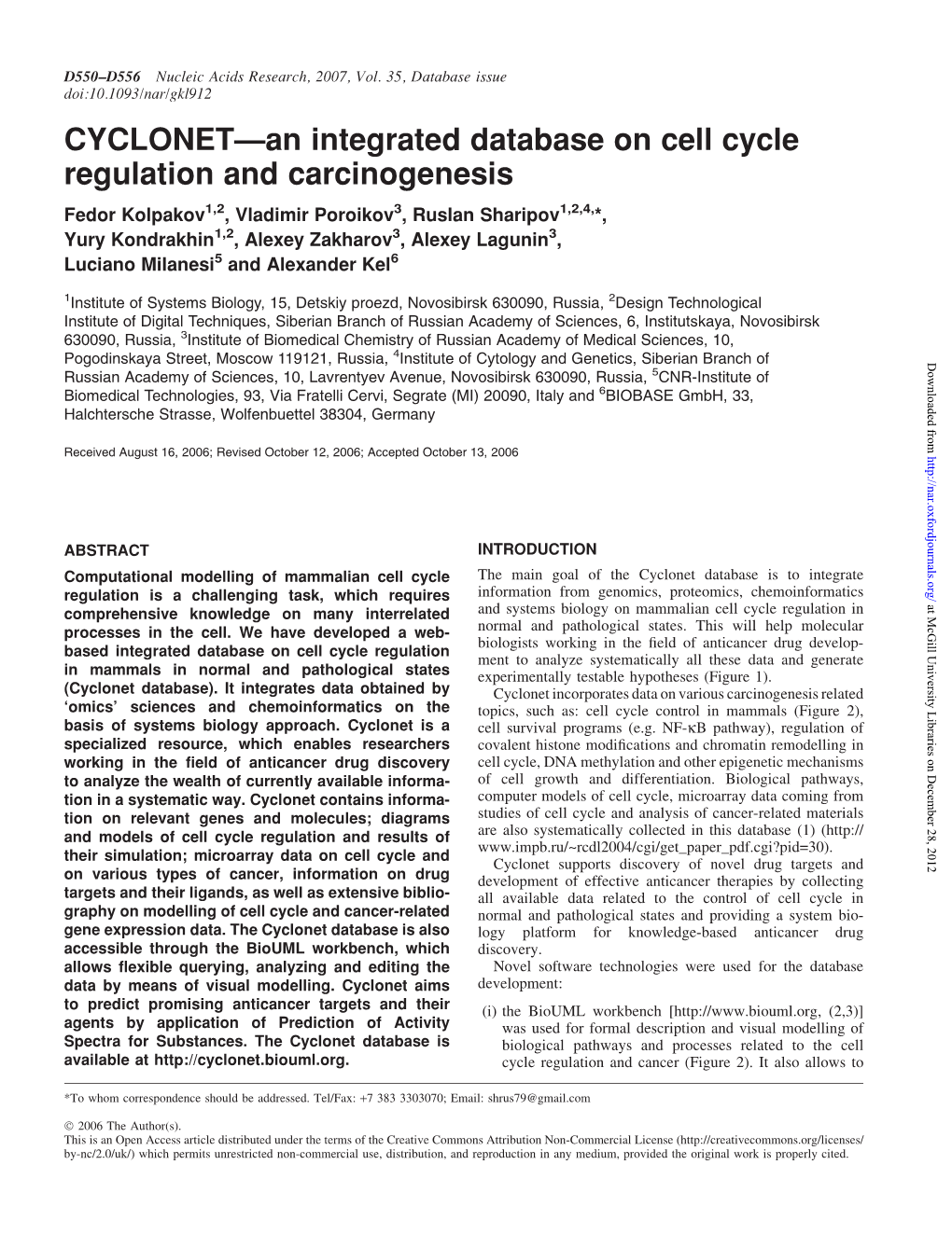 CYCLONET—An Integrated Database on Cell Cycle Regulation And