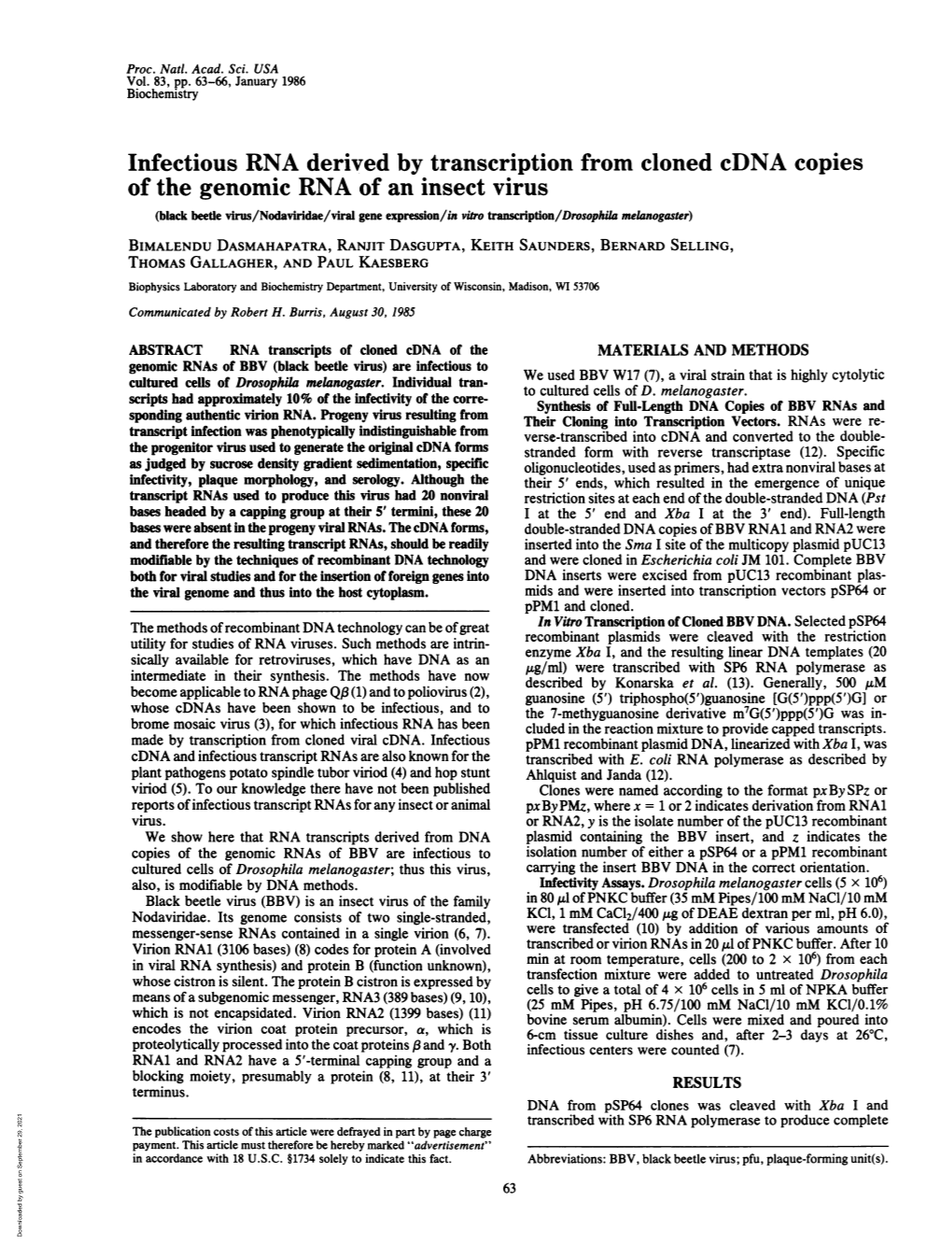 Infectious RNA Derived by Transcription from Cloned Cdna Copies of the Genomic RNA of an Insect Virus