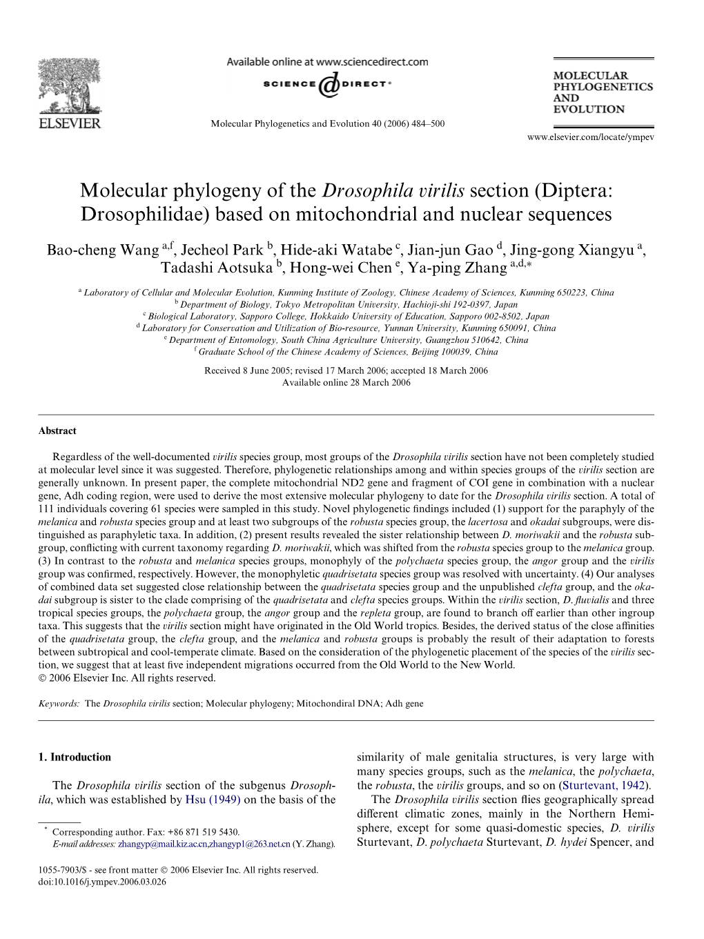 Molecular Phylogeny of the Drosophila Virilis Section (Diptera: Drosophilidae) Based on Mitochondrial and Nuclear Sequences