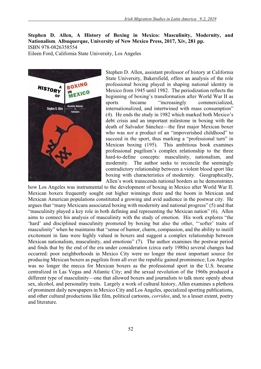 Stephen D. Allen, a History of Boxing in Mexico: Masculinity, Modernity, and Nationalism, Albuquerque, University of New Mexico Press, 2017, Xiv, 281 Pp