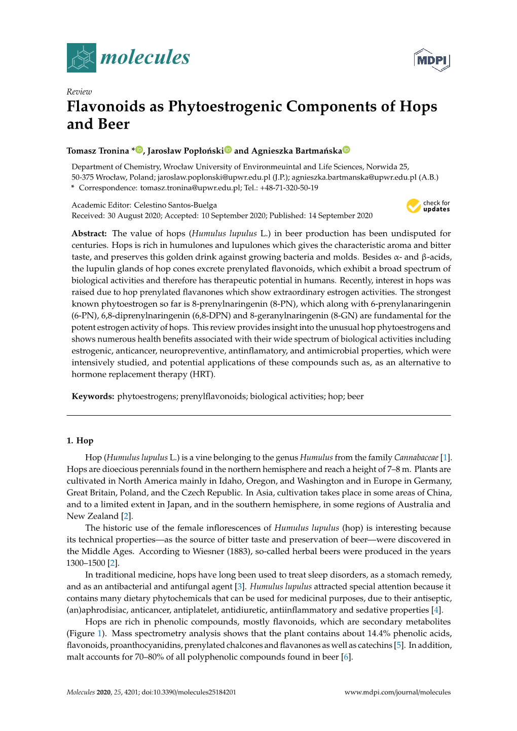 Flavonoids As Phytoestrogenic Components of Hops and Beer