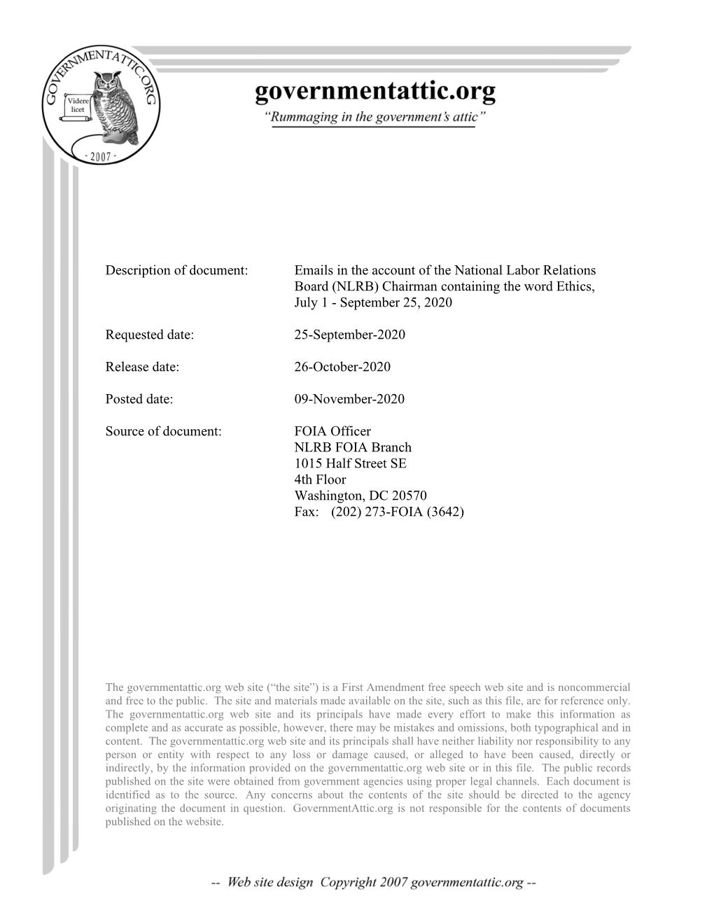 Emails in the Account of the National Labor Relations Board (NLRB) Chairman Containing the Word Ethics, July 1 - September 25, 2020