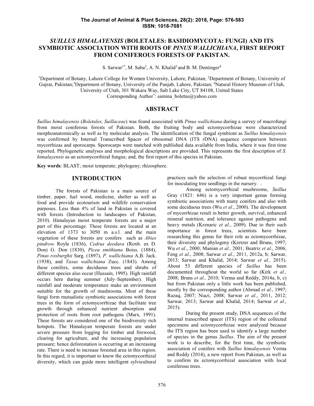 Suillus Himalayensis (Boletales: Basidiomycota: Fungi) and Its Symbiotic Association with Roots of Pinus Wallichiana, First Report from Coniferous Forests of Pakistan