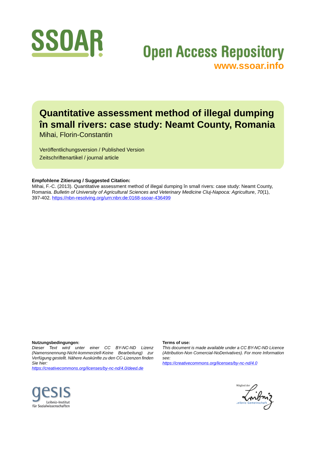 Quantitative Assessment Method of Illegal Dumping În Small Rivers: Case Study: Neamt County, Romania Mihai, Florin-Constantin