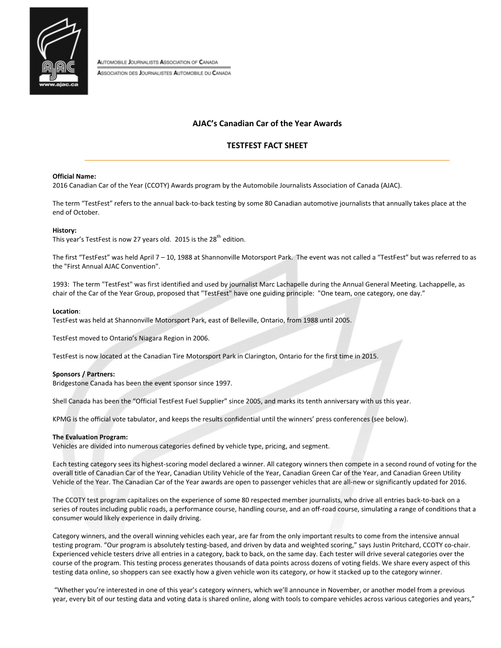 AJAC's Canadian Car of the Year Awards TESTFEST FACT SHEET