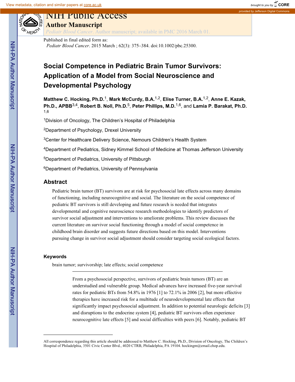 NIH Public Access Provided by Jefferson Digital Commons Author Manuscript Pediatr Blood Cancer