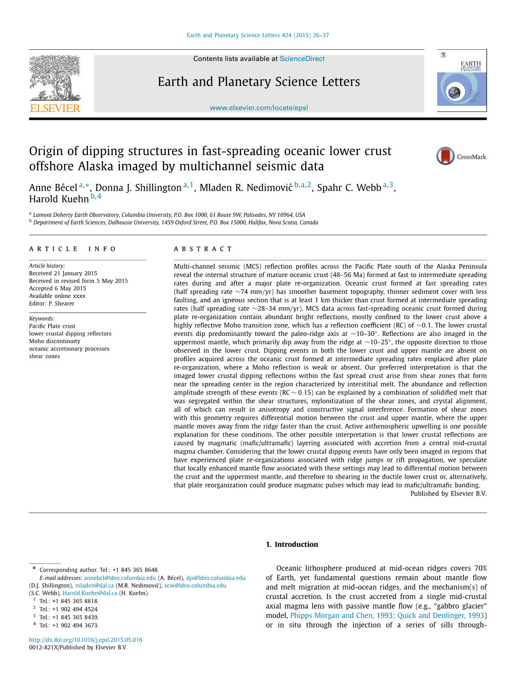 Origin of Dipping Structures in Fast-Spreading Oceanic Lower Crust Offshore Alaska Imaged by Multichannel Seismic Data ∗ Anne Bécel A, , Donna J