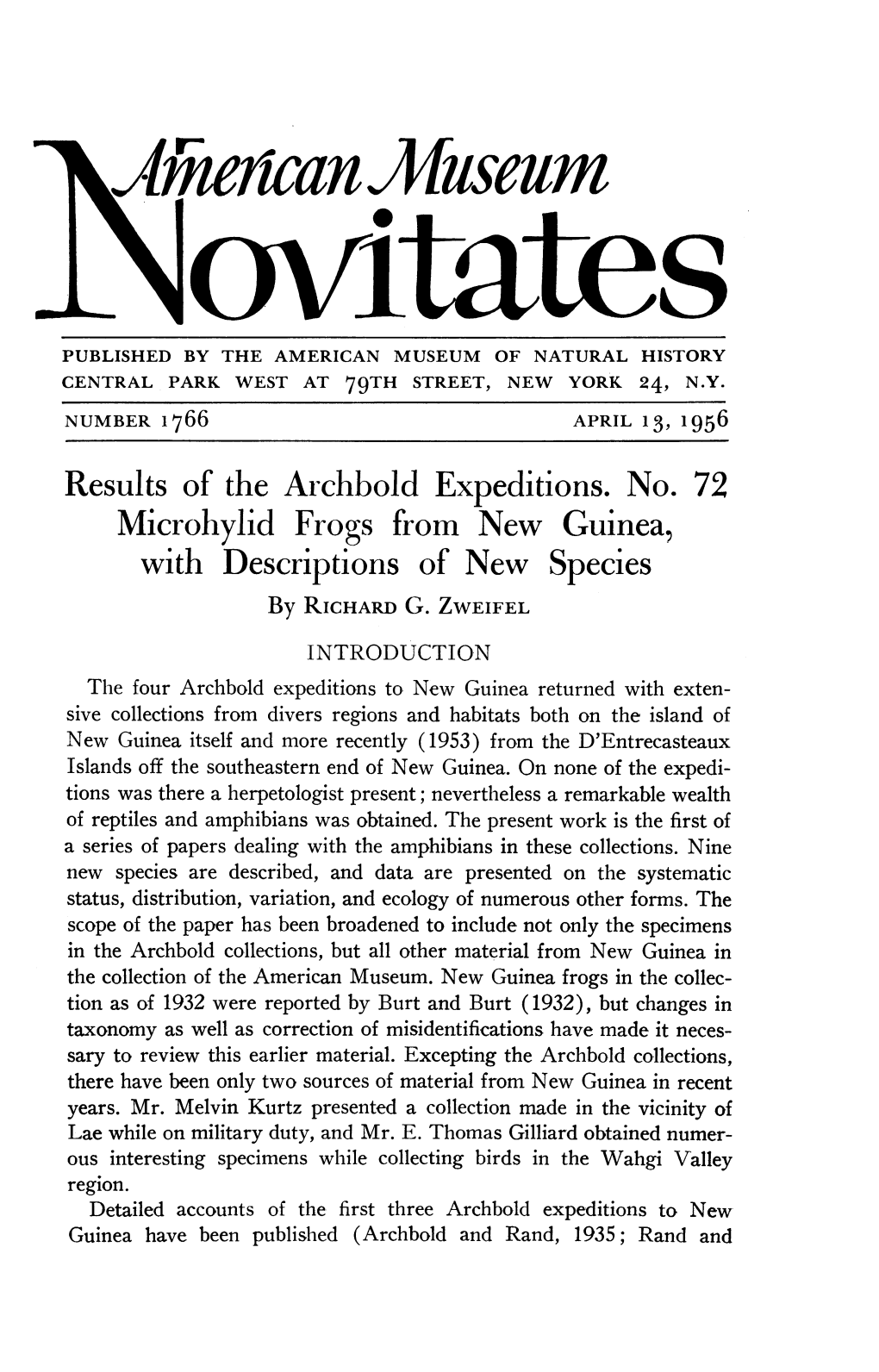 Results of the Archbold Expeditions. No. 72 Microhylid Frogs Fromnew Guinea, with Descriptions of New Species