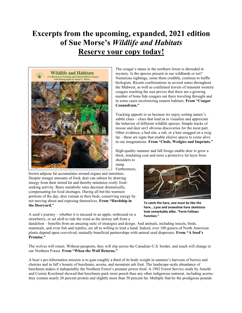 Excerpts from the Upcoming, Expanded, 2021 Edition of Sue Morse's Wildlife and Habitats Reserve Your Copy Today!