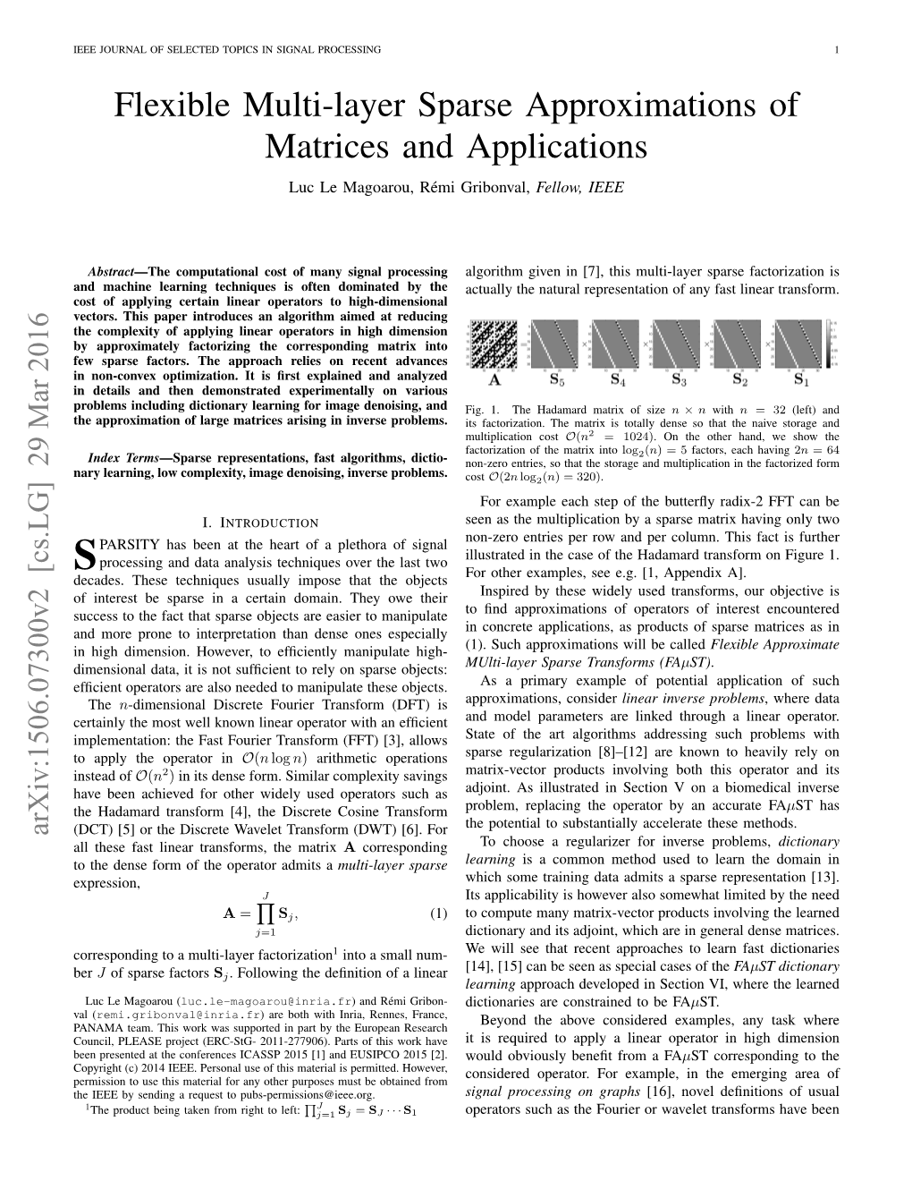 Flexible Multi-Layer Sparse Approximations of Matrices and Applications Luc Le Magoarou, Remi´ Gribonval, Fellow, IEEE