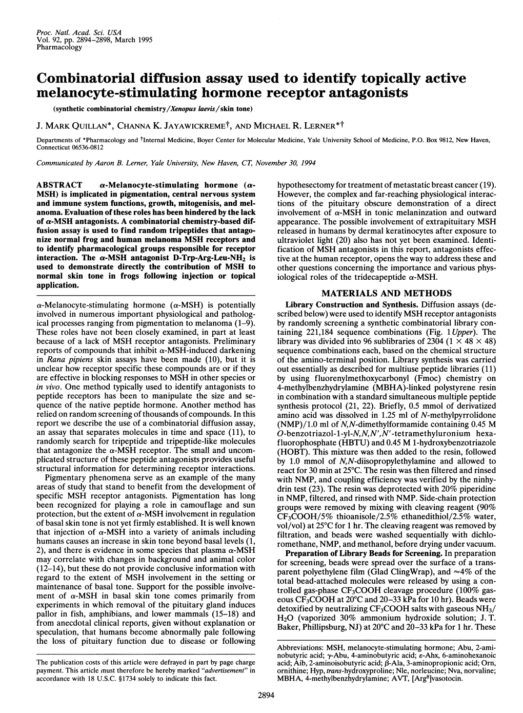 Combinatorial Diffusion Assay Used to Identify Topically Active Melanocyte-Stimulating Hormone Receptor Antagonists