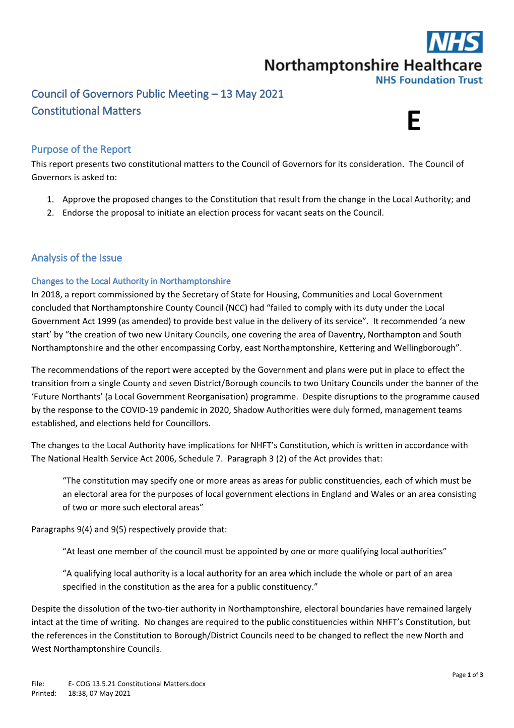 Council of Governors Public Meeting – 13 May 2021 Constitutional Matters