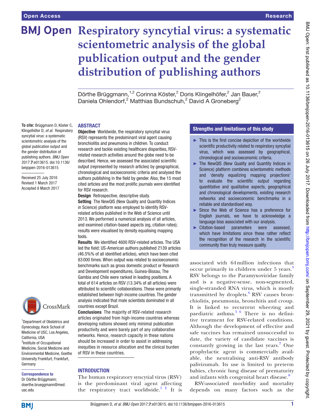 Respiratory Syncytial Virus: a Systematic Scientometric Analysis of the Global Publication Output and the Gender Distribution of Publishing Authors