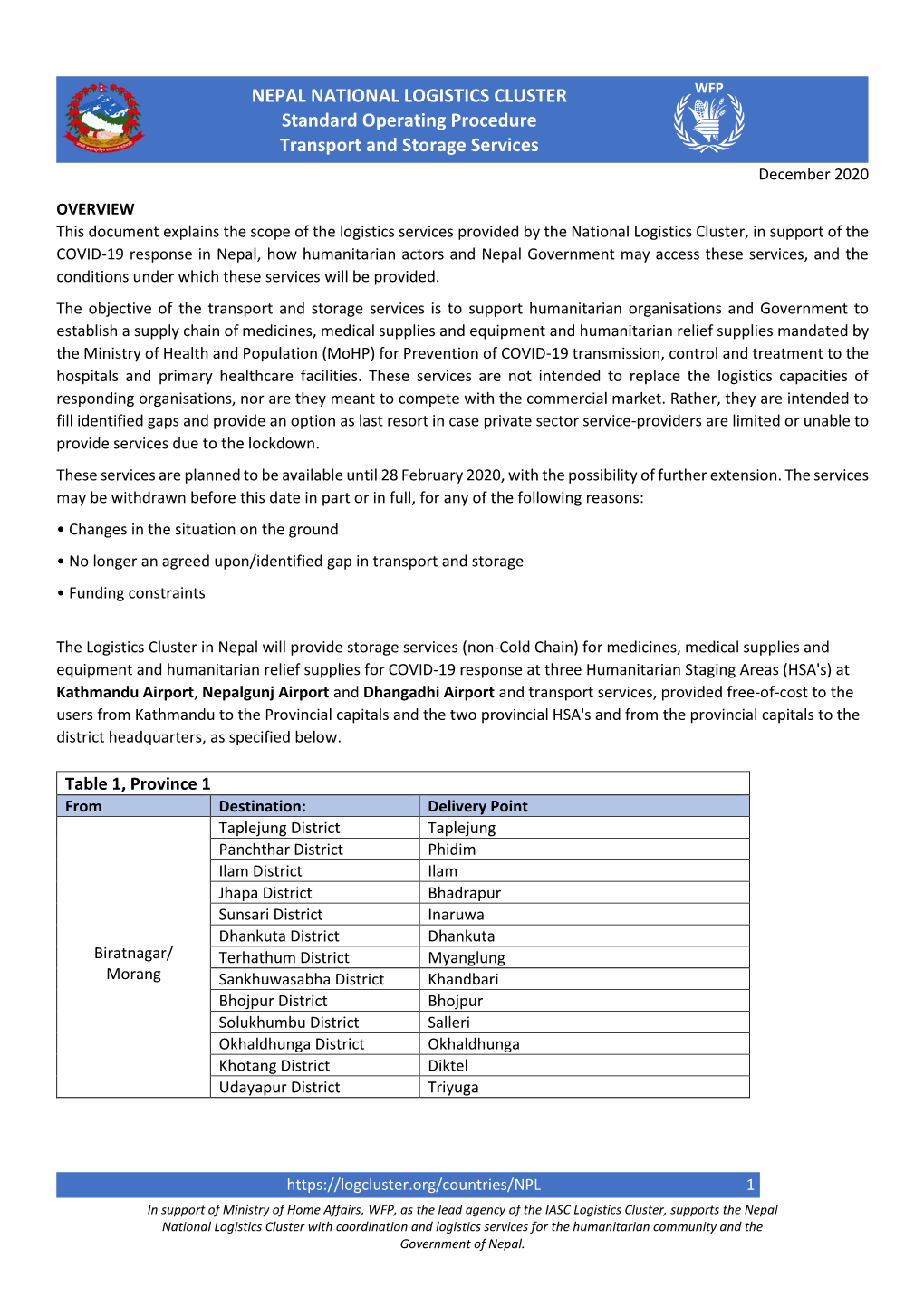 NEPAL NATIONAL LOGISTICS CLUSTER Standard Operating Procedure Transport and Storage Services December 2020